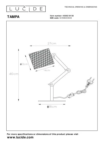 Lucide TAMPA - Bureaulamp - 1xE27 - Zwart - technisch